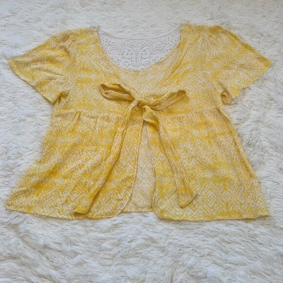 Cato Top Womens Small Yellow Lace Open Back Bow Boho Beach Romantic Crepe 13049 - Picture 2 of 7